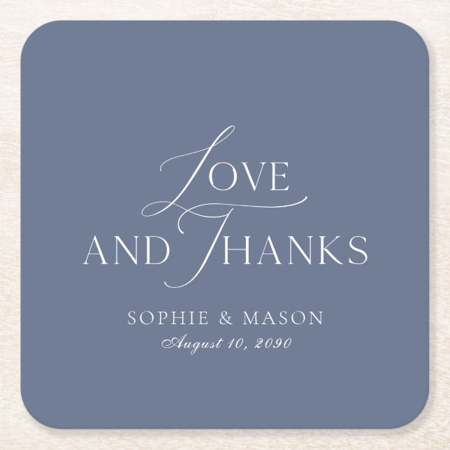 Dusty Blue Love and Thanks Wedding Favor Rechteckiger Pappuntersetzer (Vorderseite)