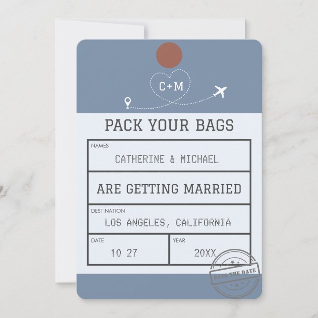 Dusty Blue Luggage Tag Save the Date (Vorderseite)