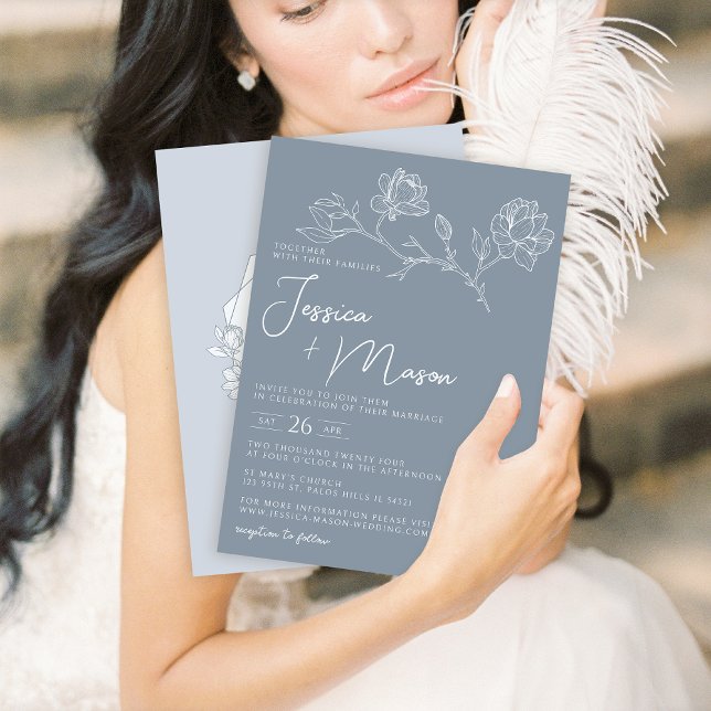 Dusty Blue Magnolia Minimalistische Hochzeitseinla Einladung (Von Creator hochgeladen)