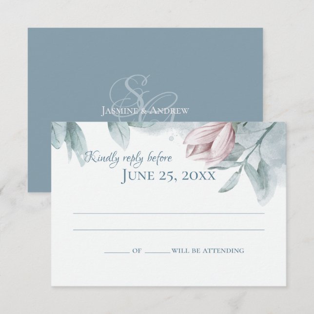 Dusty Blue Magnolias Elegante Hochzeitreaktion Einladung (Vorne/Hinten)