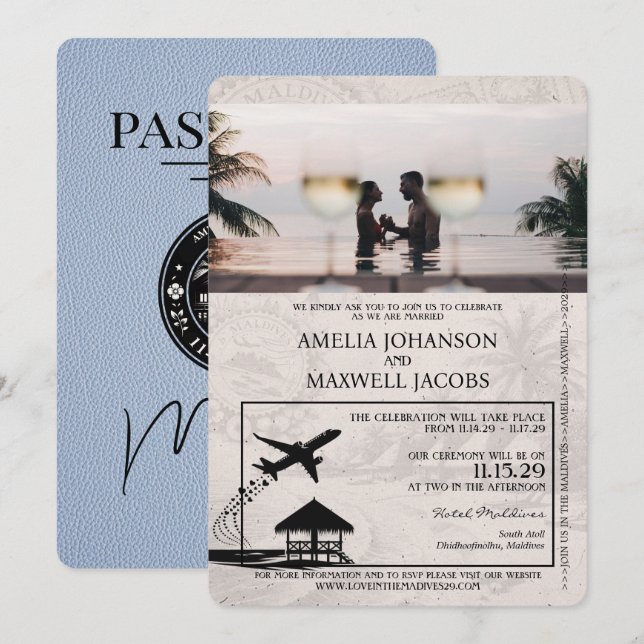 Dusty Blue Maldives Passport Hochzeit Einladung (Vorne/Hinten)