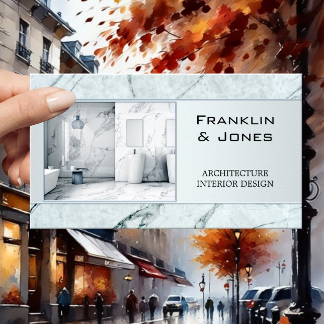 Dusty Blue Marble Architect Interior Design Foto Visitenkarte (Business card featuring your photo framed by a modern pastel blue marble style design - architecture)