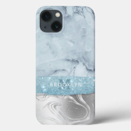 Dusty Blue Marble Glitzer Silbername Mit Monogramm Case-Mate iPhone Hülle