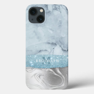 Dusty Blue Marble Glitzer Silbername Mit Monogramm Case-Mate iPhone Hülle
