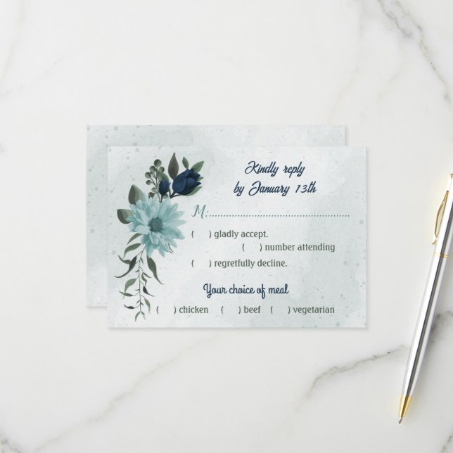 Dusty Blue & Marine Blume botanische Speisen RSVP Karte (Vorderseite/Rückseite Beispiel)
