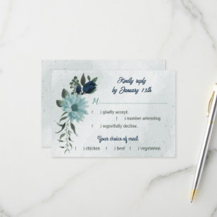 Dusty Blue & Marine Blume botanische Speisen RSVP Karte