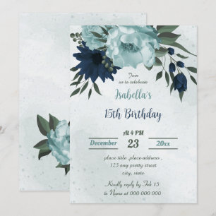Dusty Blue Marine Blume botanischer Geburtstag Einladung