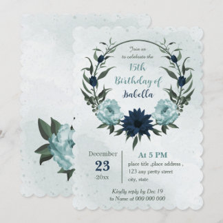 Dusty Blue Marine Blume botanischer Kranz Geburtst Einladung