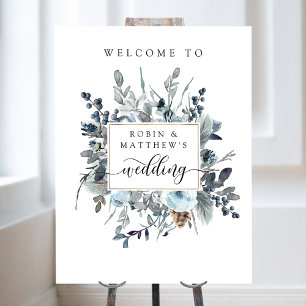 Dusty Blue, Marine White Floral Mariage Affiche de