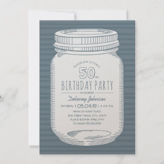 Dusty Blue Mason Jar Rustic 50. Geburtstagsparty Einladung