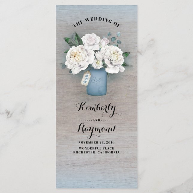 Dusty Blue Mason Jar Rustic Wedding Programmes (Devant)
