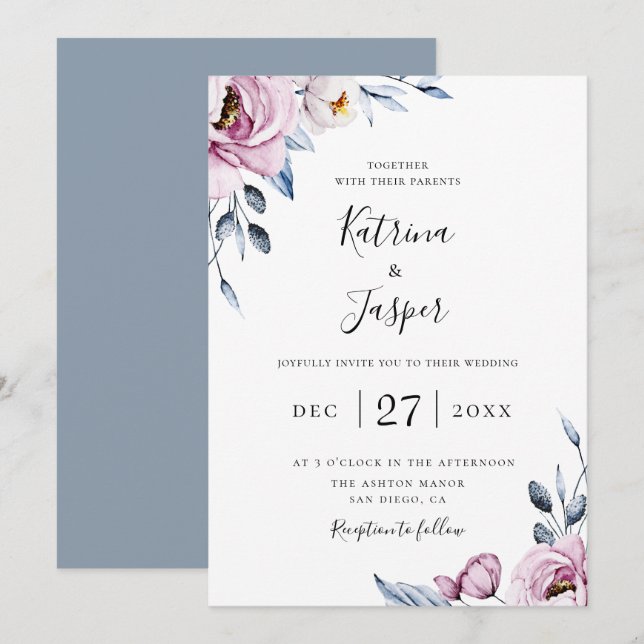 Dusty Blue Mauve Botanical Floral Wedding Einladung (Vorne/Hinten)