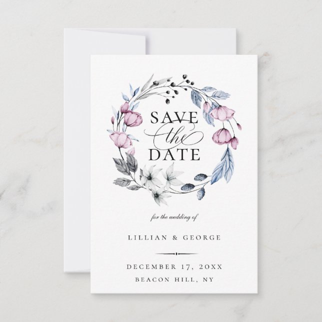Dusty Blue Mauve Botanical Save the Date Ankündigung (Vorderseite)