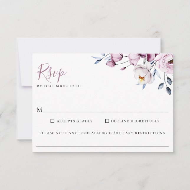 Dusty Blue Mauve Floral Wedding Food Allergie UAWG RSVP Karte (Vorderseite)