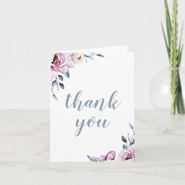 Dusty Blue Mauve Floral Wedding Vielen Dank Dankeskarte (Vorderseite)