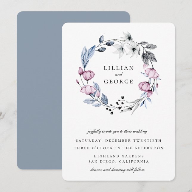 Dusty Blue Mauve Floral Wreath Wedding Einladung (Vorne/Hinten)