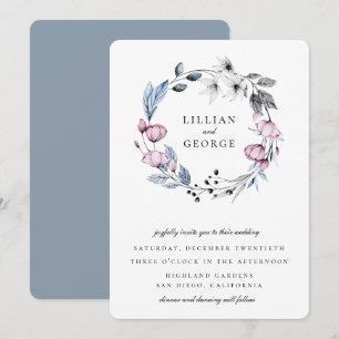 Dusty Blue Mauve Floral Wreath Wedding Einladung