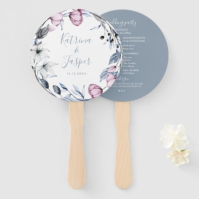 Dusty Blue Mauve Floral Wreath Wedding Fächer (Vorne und Hinten)