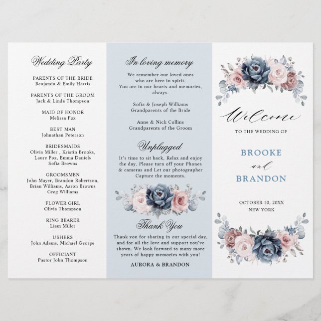 Dusty Blue Mauve Rose Mariage Tri-Fold Programme (Devant)