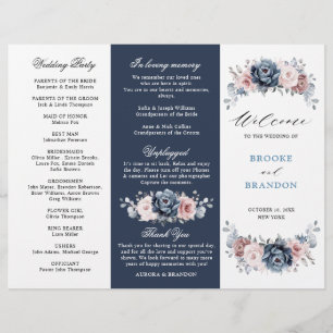 Dusty Blue Mauve Rose Mariage Tri-Fold Programme