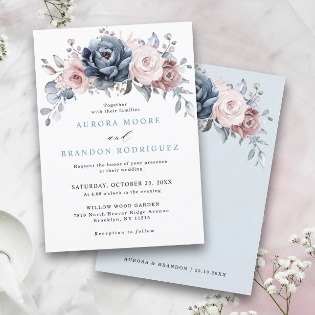 Dusty Blue Mauve Rose Pink Slate Floral Wedding Einladung (Dusty blue mauve rose pink slate floral wedding invitation)