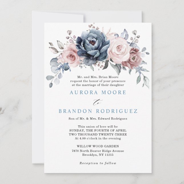 Dusty Blue Mauve Rose Pink Slate Floral Wedding Einladung (Vorderseite)