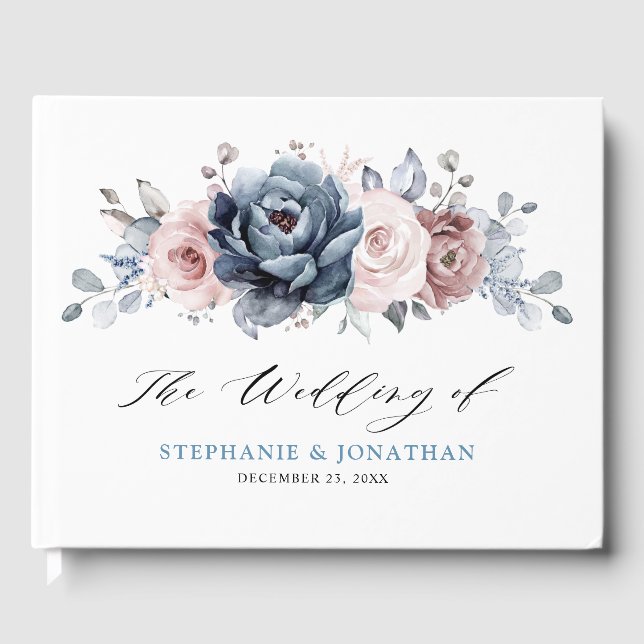 Dusty Blue Mauve Rose Pink Slate Floral Wedding Gästebuch (Vorderseite)