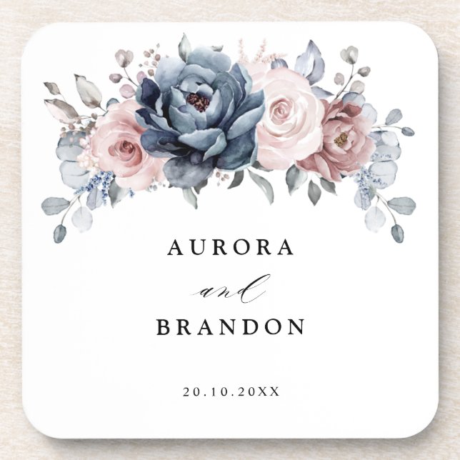Dusty Blue Mauve Rose Pink Slate Floral Wedding Getränkeuntersetzer (Vorderseite)