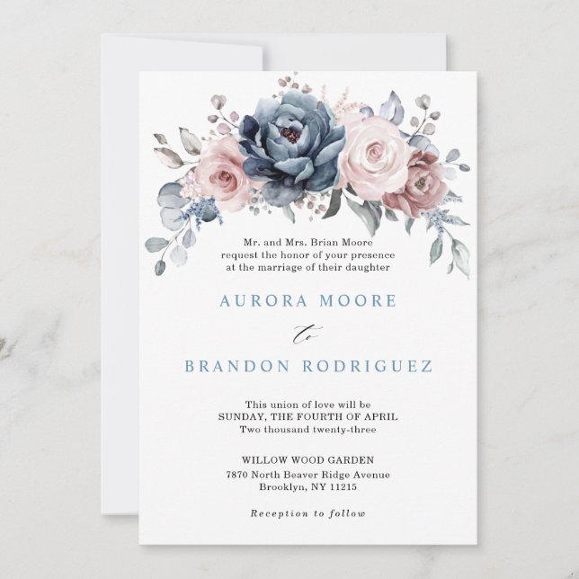 Dusty Blue Mauve Rose Pink Slate Floral Wedding in Einladung (Vorderseite)