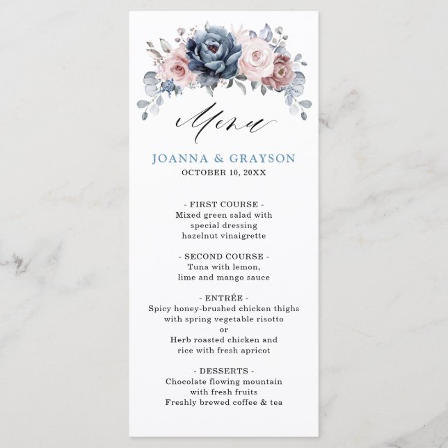 Dusty Blue Mauve Rose Pink Slate Floral Wedding Menükarte (Vorderseite)