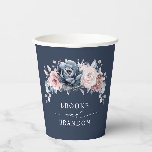 Dusty Blue Mauve Rose Pink Slate Floral Wedding P Pappbecher (Vorderseite)