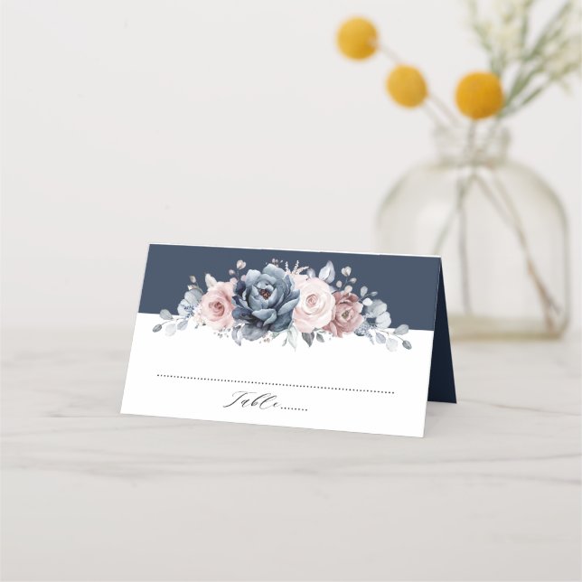 Dusty Blue Mauve Rose Pink Slate Floral Wedding P Platzkarte (Vorderseite)