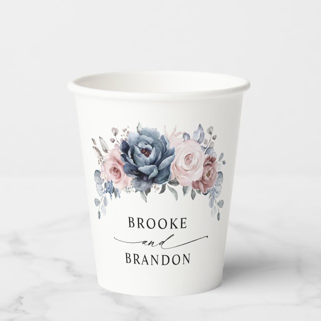 Dusty Blue Mauve Rose Pink Slate Floral Wedding Pappbecher (Vorderseite)
