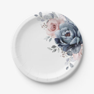 Dusty Blue Mauve Rose Pink Slate Floral Wedding  Pappteller