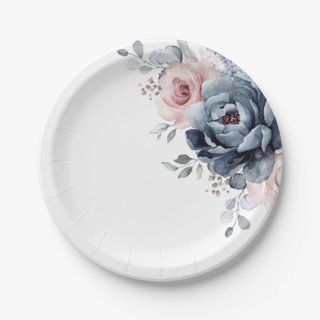 Dusty Blue Mauve Rose Pink Slate Floral Wedding Pappteller (Vorderseite)