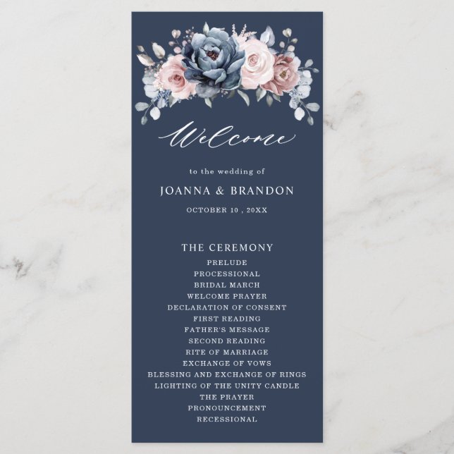 Dusty Blue Mauve Rose Pink Slate Floral Wedding Pr Programm (Vorderseite)