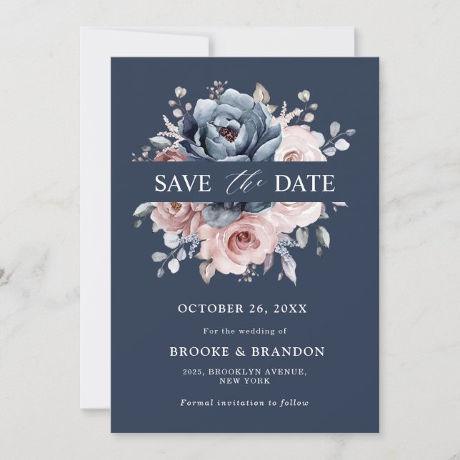 Dusty Blue Mauve Rose Pink Slate Floral Wedding S Save The Date (Vorderseite)