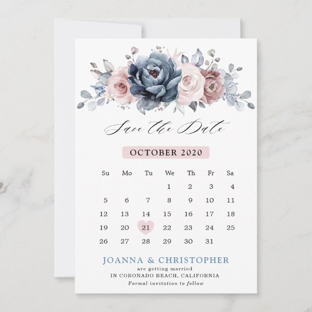 Dusty Blue Mauve Rose Pink Slate Floral Wedding Save The Date (Vorderseite)