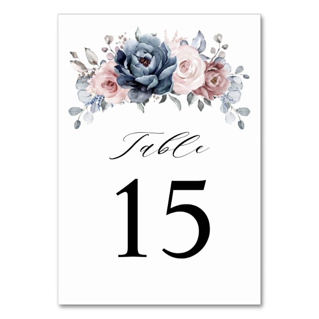 Dusty Blue Mauve Rose Pink Slate Floral Wedding Tischnummer (Vorderseite)