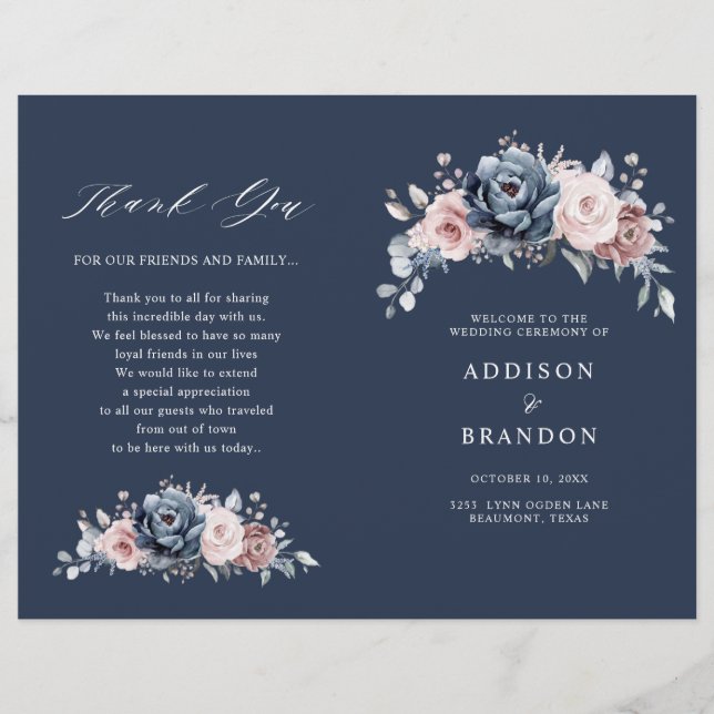 Dusty Blue Mauve Rose Pink Slate Wedding Programm (Vorderseite)