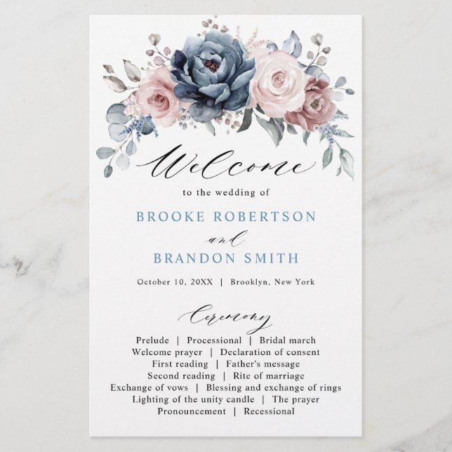 Dusty Blue Mauve Rose Pink Slate Wedding Programm (Vorderseite)
