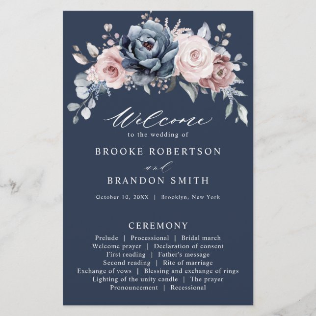 Dusty Blue Mauve Rose Pink Slate Wedding Programm (Vorderseite)