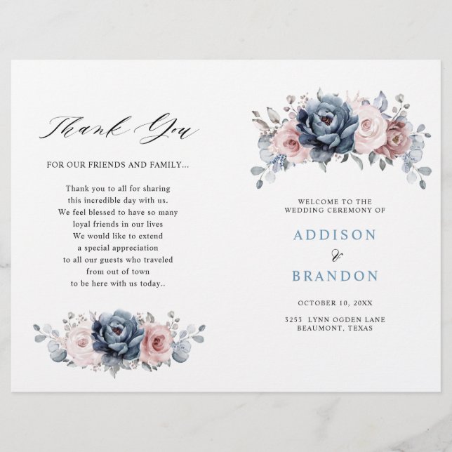 Dusty Blue Mauve Rose Pink Slate Wedding Programme (Devant)