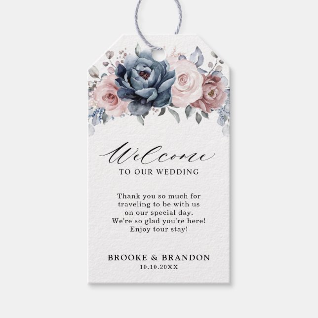 Dusty Blue Mauve Rose Pink Slate Wedding Willkomme Geschenkanhänger (Vorderseite)