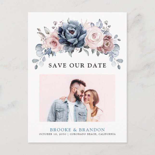 Dusty Blue Mauve Rose Rosa Schiefer Save the Date Postkarte (Vorderseite)