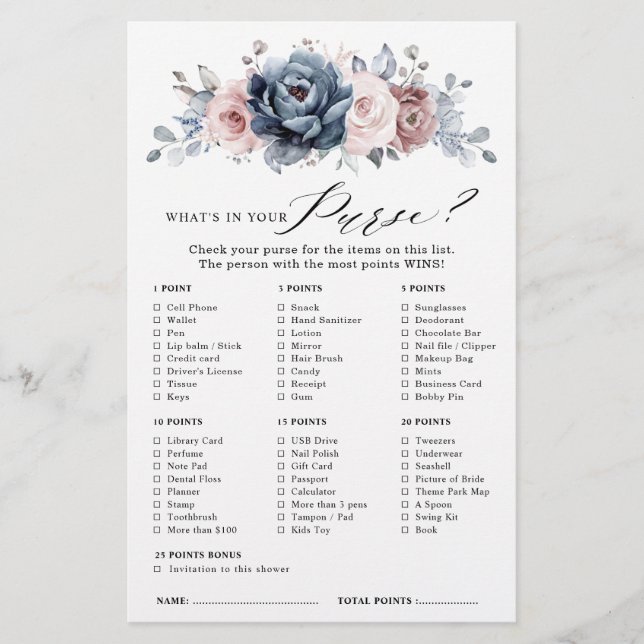 Dusty Blue Mauve Rose Slate Brautparty Game (Vorderseite)