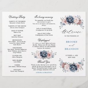Dusty Blue Mauve Rose Wedding Tri-Fold Programm