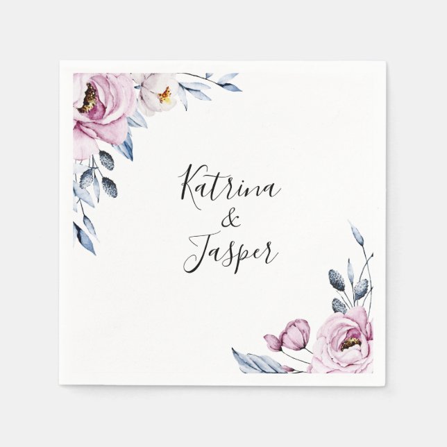 Dusty Blue Mauve Watercolor Floral Wedding Serviette (Vorderseite)