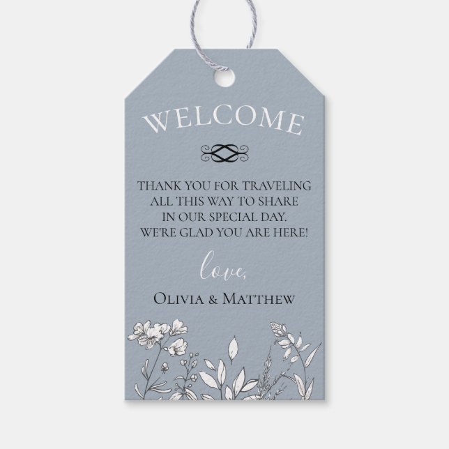 Dusty Blue Meadow Wedding Welcome Bag Geschenkanhänger (Vorderseite)