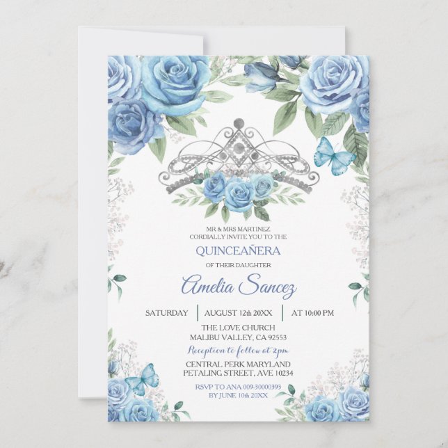 Dusty Blue Mexicaine Girl Mis XV Anos Invitation (Devant)